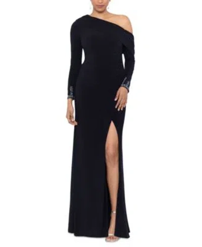 Betsy & Adam Betsy Adam Womens Off One Shoulder Beaded Cuff Gown In Black Silver