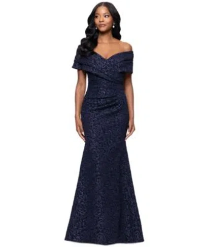 Betsy & Adam Betsy Adam Womens Off The Shoulder Brocade Gown In Blue