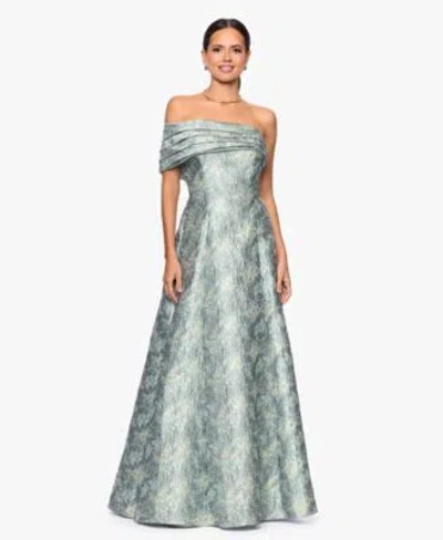 Betsy & Adam Floral Brocade Off The Shoulder Gown In Gray