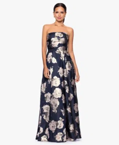 Betsy & Adam Betsy Adam Womens Printed Strapless Long Dress In Blue