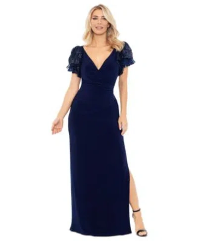 Betsy & Adam Betsy Adam Womens Sequin Sleeve Surplice Neck Gown In Transparent