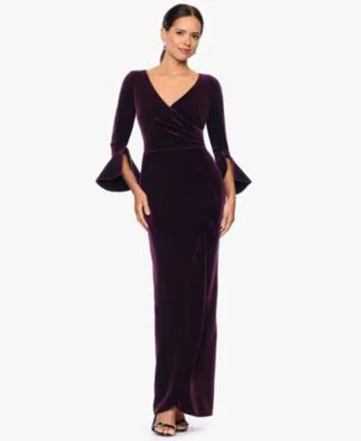 Betsy & Adam Betsy Adam Womens Velvet Long Sleeve V Neck Gown 4 22w In Burgundy