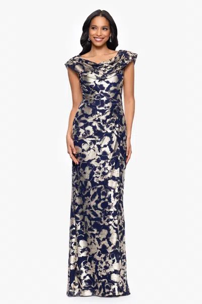 Betsy & Adam Metallic Floral Cowl Neck Sheath Gown In Multi