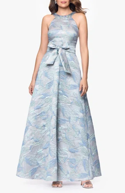 Betsy & Adam Bow Detail Leaf Brocade Ball Gown In Gray