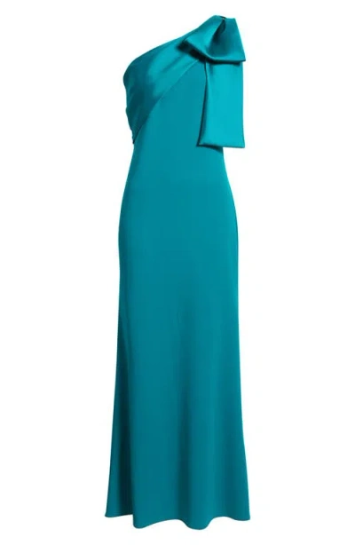 Betsy & Adam Bow One-shoulder Crepe Mermaid Gown In Blue