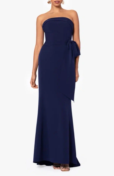 Betsy & Adam Bow Strapless Scuba Gown In Navy
