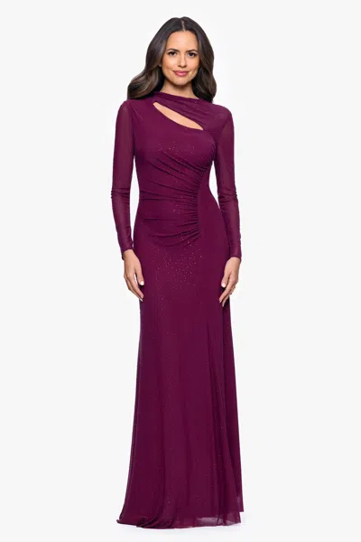 Betsy & Adam "callie" Mesh Cutout Embellished Long Sleeve Floor Length Dress In Purple