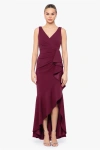 Betsy & Adam "candace" Long V- Neck Hi Low Cascade Dress In Red
