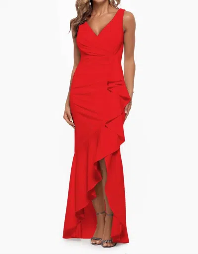 Betsy & Adam Candace Long V-neck Hi Low Cascade Dress In Red