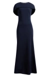 Betsy & Adam Cape Short Sleeve Scuba Crepe Gown In Navy