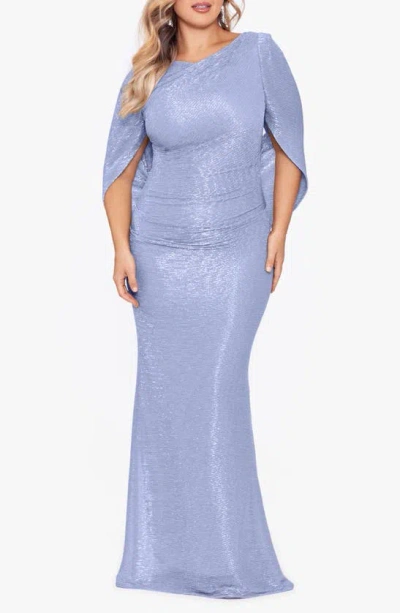 Betsy & Adam Cape Sleeve Metallic Crinkle Gown In Blue/ Silver
