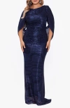 Betsy & Adam Crinkled Metallic Drape Back Gown In Navy/ Royal