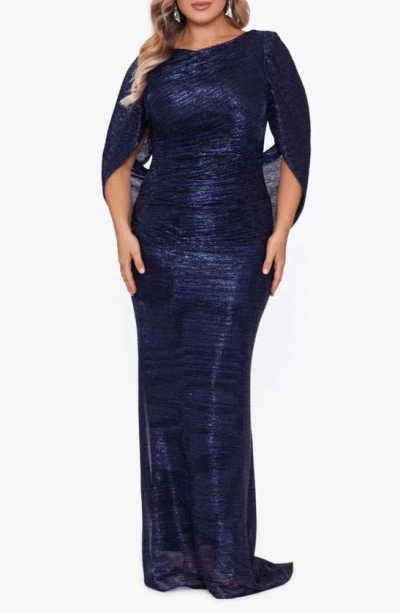 Betsy & Adam Cape Sleeve Metallic Crinkle Gown In Navy/ Royal