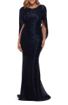 Betsy & Adam Metallic Cape Gown In Navy/royal