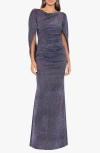 Betsy & Adam Glitter Drape-back Cape Gown
