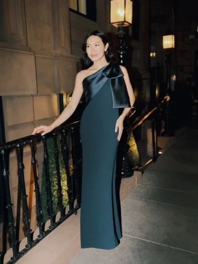 Betsy & Adam "carmela" Long Scuba Crepe Dress With Satin Bow In Black