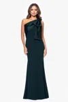Betsy & Adam "carmela" Long Scuba Crepe Dress With Satin Bow In Blue