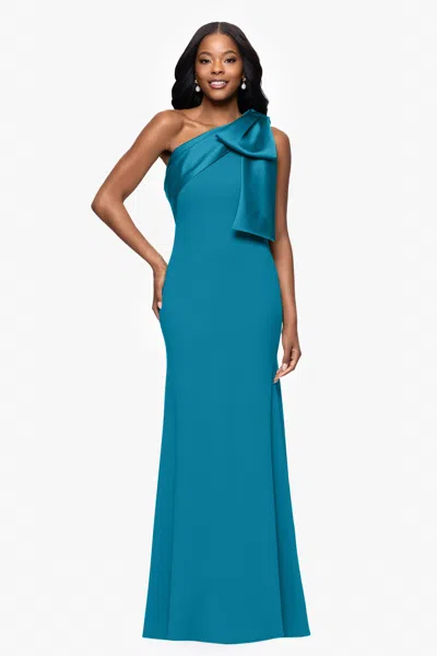 Betsy & Adam "carmela" Long Scuba Crepe Dress With Satin Bow In Blue