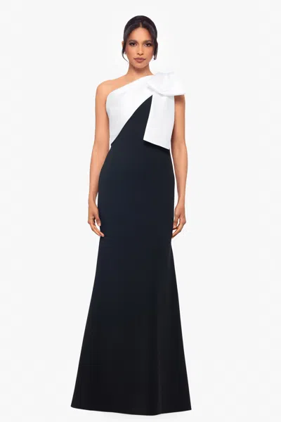 Betsy & Adam "carmela" Long Scuba Crepe Dress With Satin Bow In Black