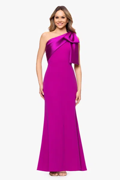 Betsy & Adam "carmela" Long Scuba Crepe Dress With Satin Bow In Purple