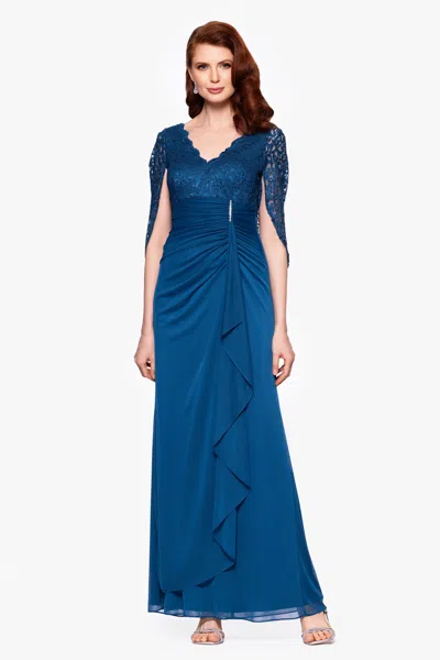 Betsy & Adam "carmyn" Long Sheer Matte Jersey And Lace Cape Sleeve Floor Length Dress In Blue