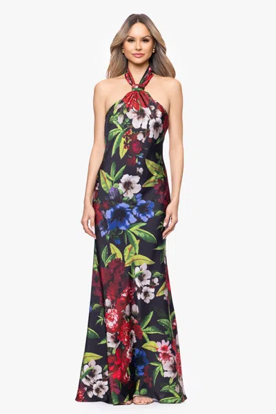 Betsy & Adam Floral Print Satin Halter Dress In Black