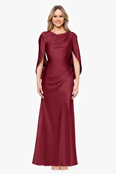 Betsy & Adam "cece" Satin Droop Back Floor Length Dress In Burgundy
