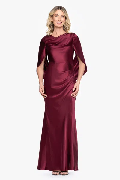 Betsy & Adam "cece" Satin Droop Back Floor Length Dress In Burgundy
