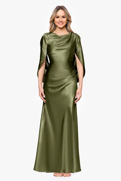 Betsy & Adam "cece" Satin Droop Back Floor Length Dress In Green