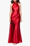 Betsy & Adam "antonia" Satin Cowl Halter Neck Rouched Floor Length Dress In Red