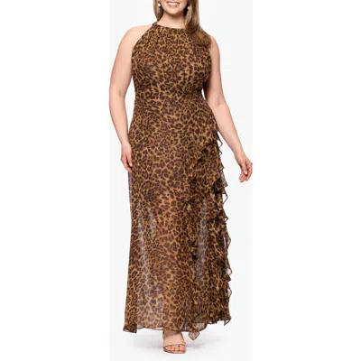 Betsy & Adam Plus Size Printed Halter Long Sheath Dress In Brown
