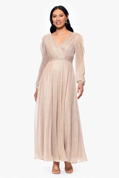 Betsy & Adam "cheryl" Long Sleeve V Neck Metallic Knit Floor Length Dress In Pink