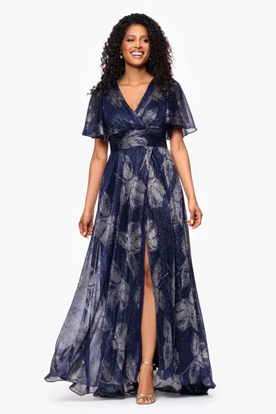 Betsy & Adam "chloe" Long Short Sleeve Print Dress In Blue