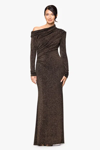 Betsy & Adam "chloe" Metallic Knit Drop Shoulder Floor Length Dress In Brown