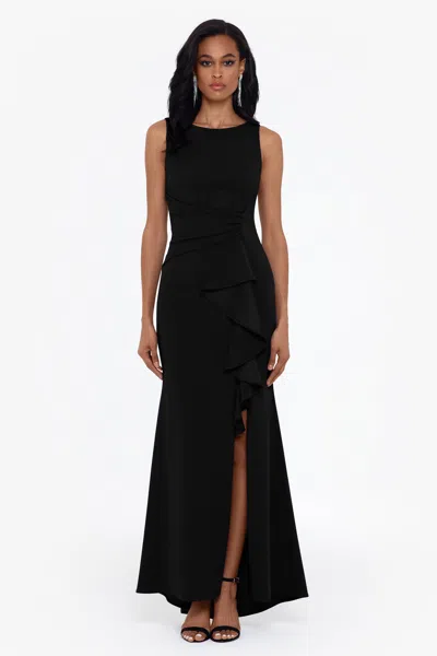 Betsy & Adam "christine" Scuba Crepe Ruffled Bow Gown In Black