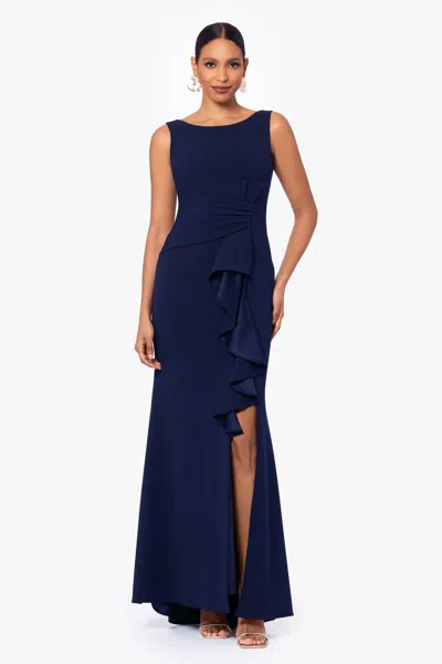 Betsy & Adam "christine" Scuba Crepe Ruffled Bow Gown In Blue