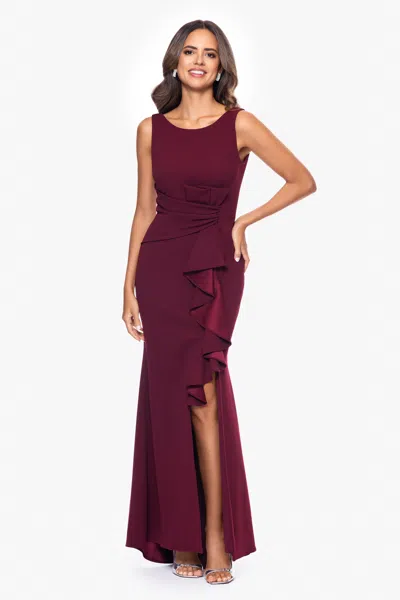 Betsy & Adam "christine" Scuba Crepe Ruffled Bow Gown In Burgundy