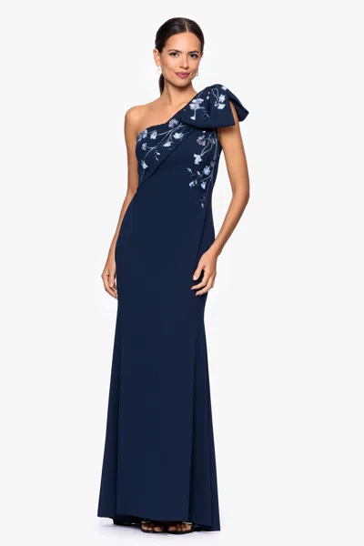 Betsy & Adam "corinna" Scuba Crepe Embellished One Shoulder Floor Length Dress In Blue