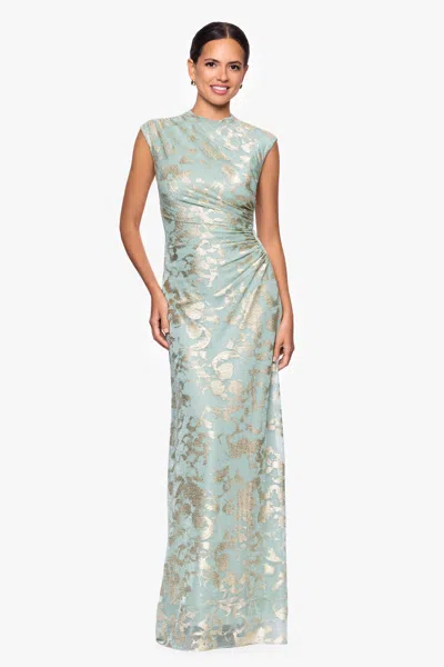 Betsy & Adam "cory" Metallic Print Rouched Floor Length Dress In Green