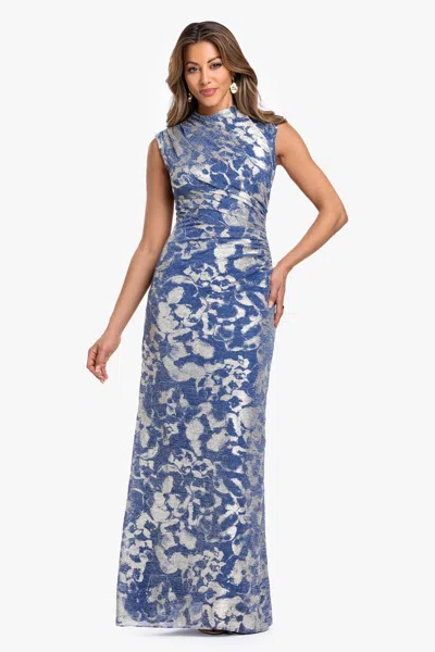 Betsy & Adam "cory" Metallic Print Ruched Dress In Blue