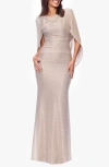 Betsy & Adam Crinkle Metallic Cape Sleeve Gown In Multi