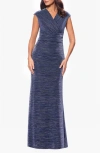 Betsy & Adam Crinkle Pleat Trumpet Gown In Royal/silver