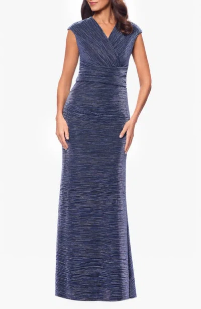 Betsy & Adam Crinkle Pleat Trumpet Gown In Royal/silver