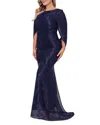 Betsy & Adam Crinkled Metallic Drape Back Gown In Navy/royal