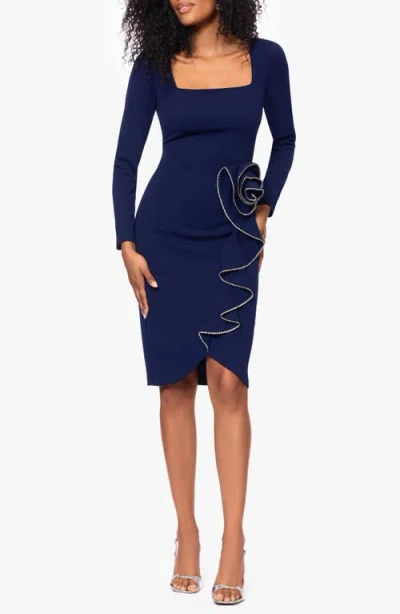 Betsy & Adam Crystal Rosette Long Sleeve Sheath Cocktail Dress In Navy/crystal