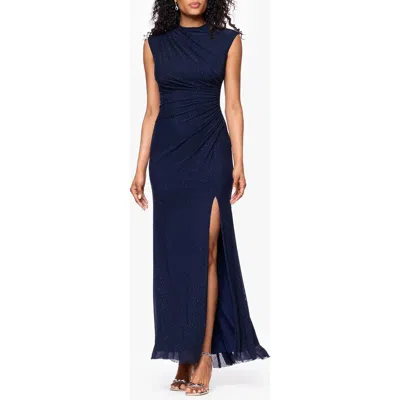 Betsy & Adam Crystal Stud Detail Powermesh Sheath Gown In Blue
