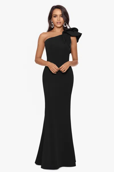 Betsy & Adam "daisy" Long Scuba Crepe One Shoulder Dress In Black