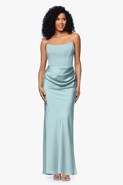Betsy & Adam "debra" Long Strapless Scuba Crepe And Satin Gown In Blue