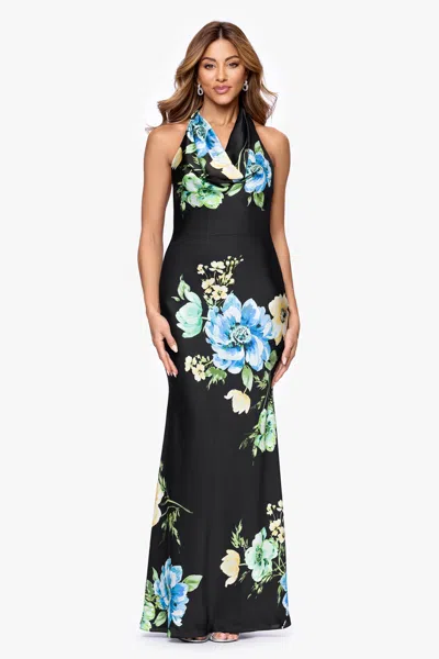 Betsy & Adam "delaney" Printed Flower Satin Tie Neck Floor Length Dress In Black