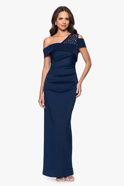 Betsy & Adam "delia" Techno Scuba Asymmetric Off Shoulder Floor Length Dress In Blue